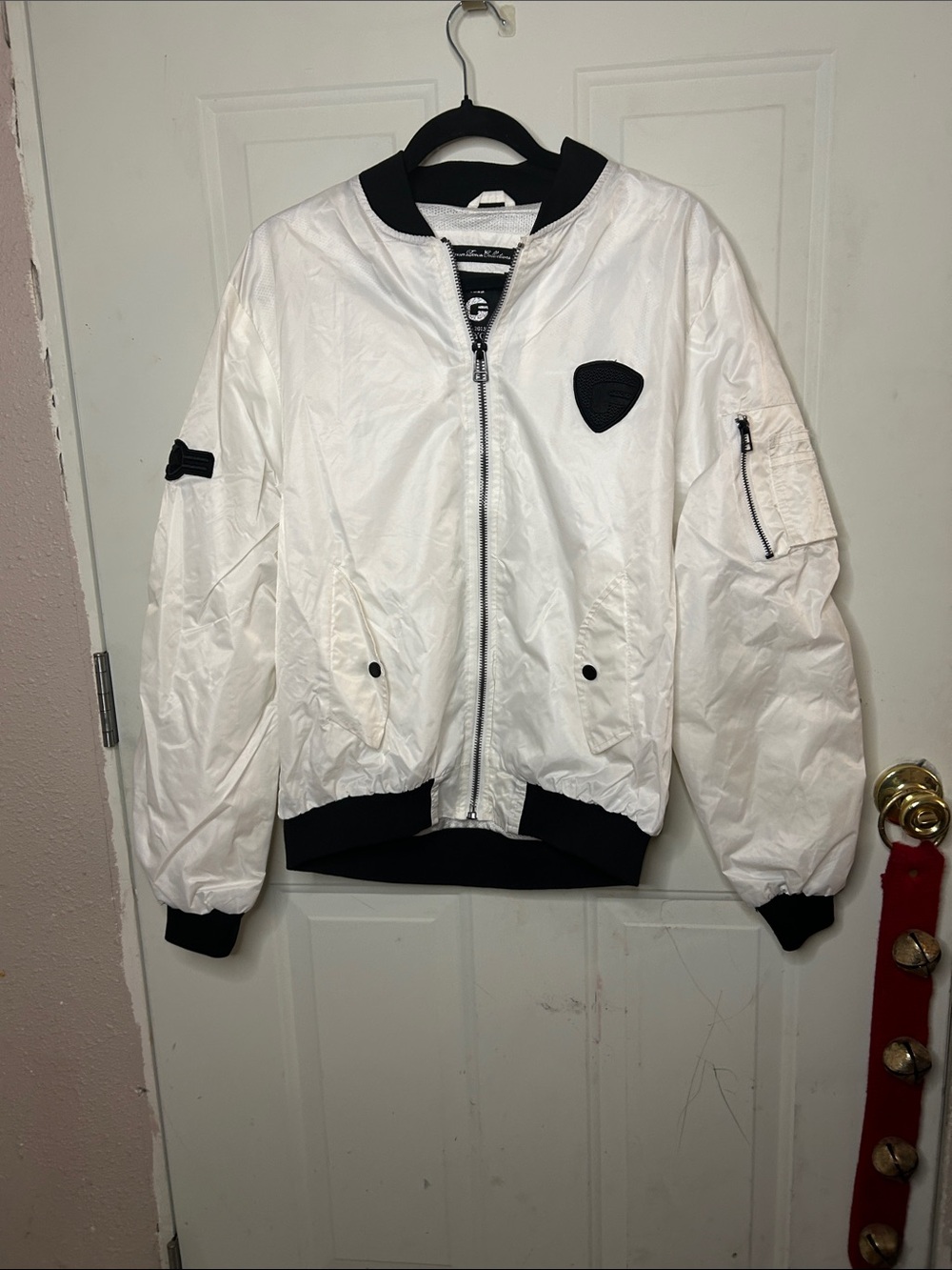 Men's White Bomber Jacket with Black Trim